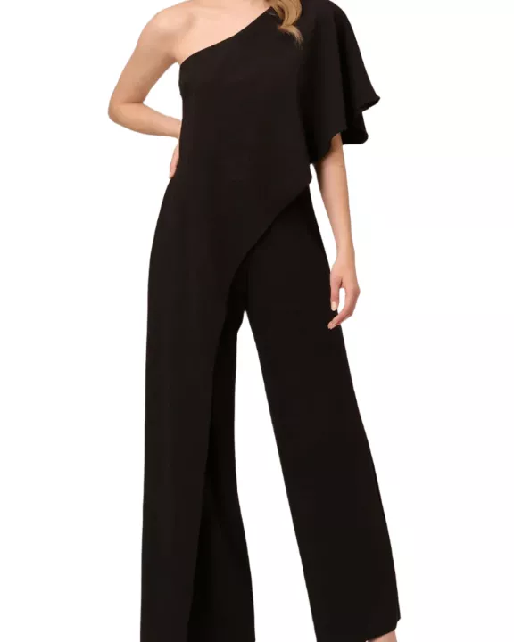Adrianna Papell Asymmetrical One Shoulder Cape Sleeve Stretch Crepe Solid Jumpsuit