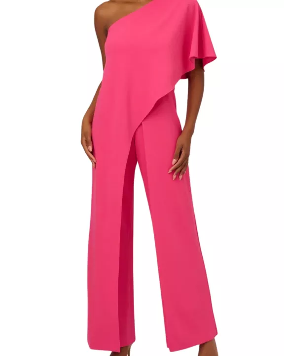 Adrianna Papell Asymmetrical One Shoulder Cape Sleeve Stretch Crepe Solid Jumpsuit (Plus Size)