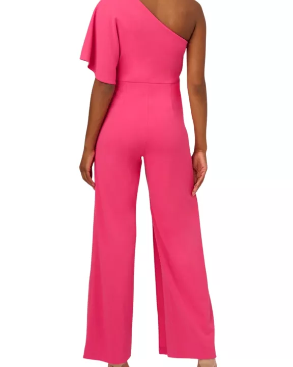 Adrianna Papell Asymmetrical One Shoulder Cape Sleeve Stretch Crepe Solid Jumpsuit (Plus Size)