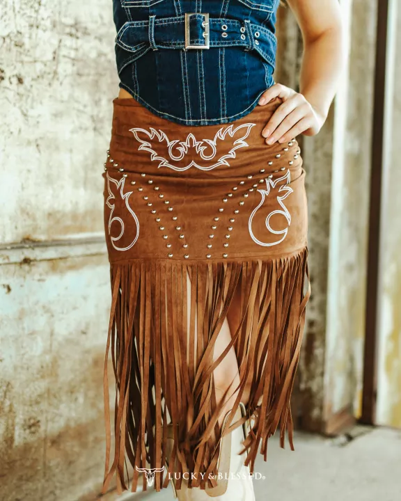 Brown Stretch Suede Boot Stitch Embroidered Studded Fringe Hem Skirt