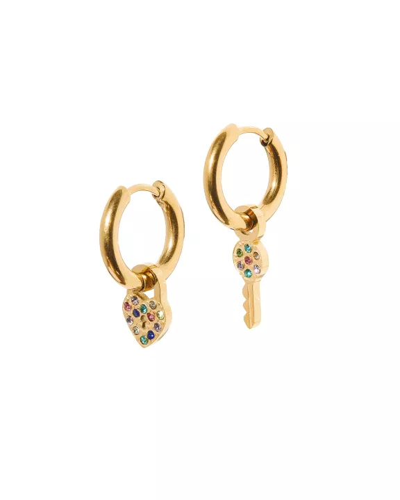 Huggie Charm Earrings - Lock and Key Gold
