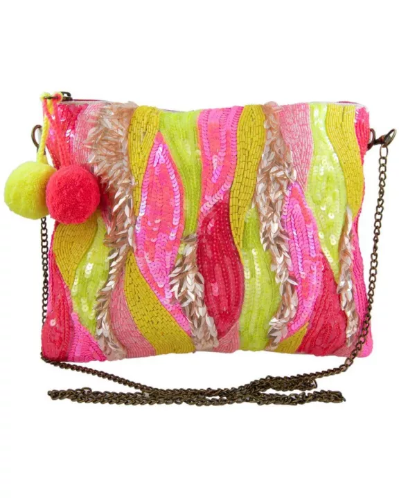 Pink Red Swirls Sequined Wholesale Clutch with Pom Poms