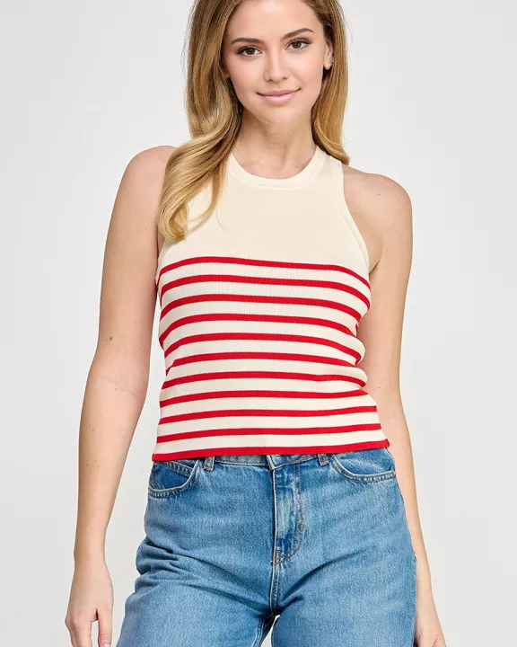 RT-4031-6 STRIPED KNIT TANK TOP CREME/RED