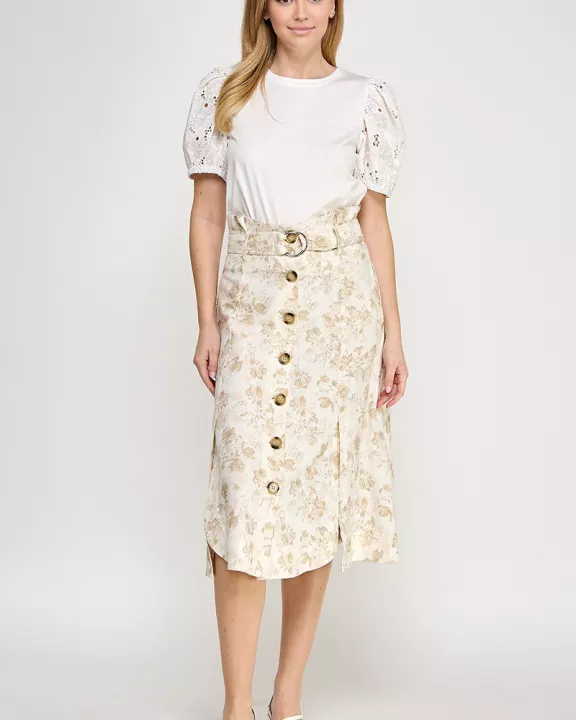 TS-10107-6 PRINTED BUTTON DOWN SKIRT TAUPE