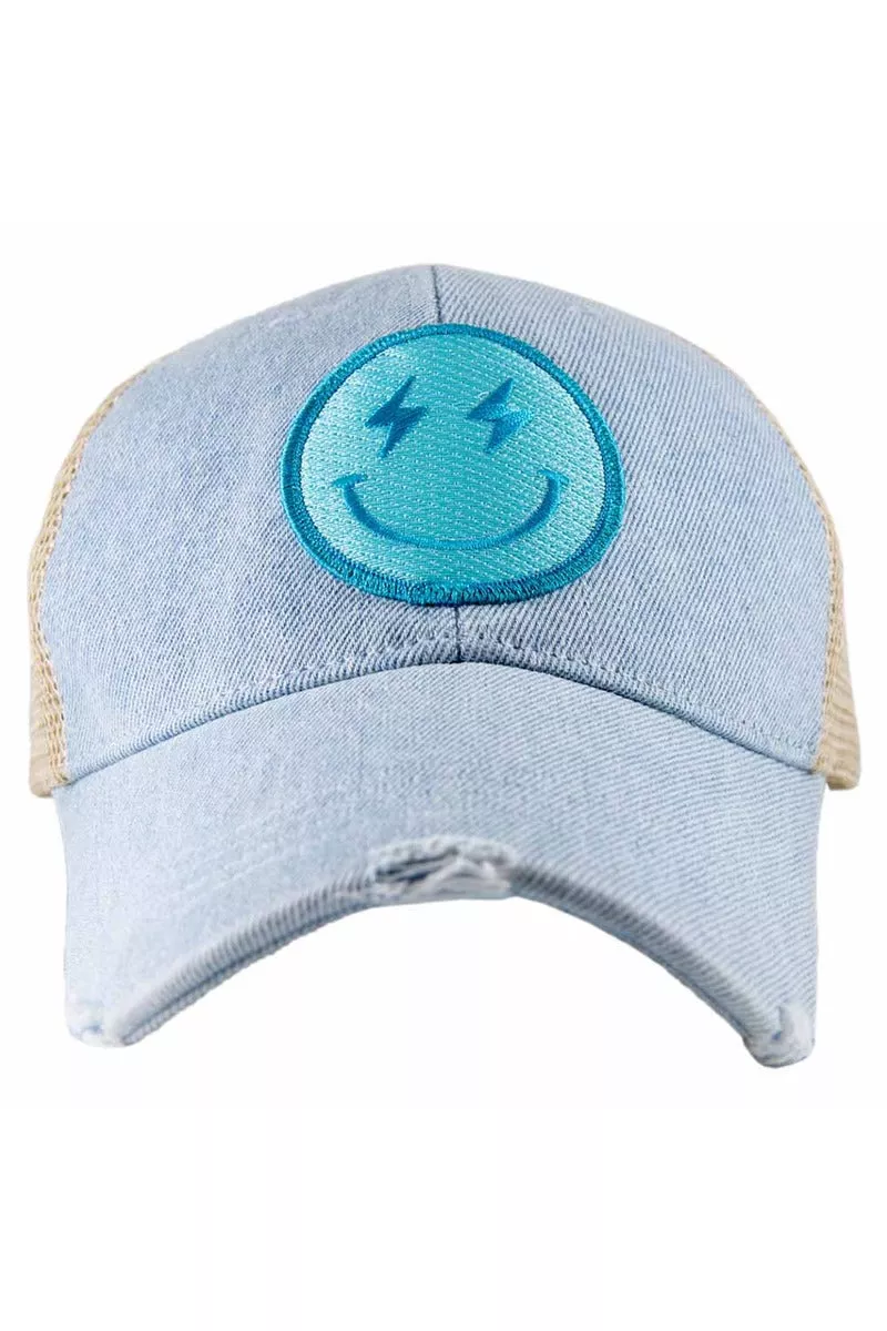 Turquoise Lightning Happy Face Denim Wholesale Trucker Hat