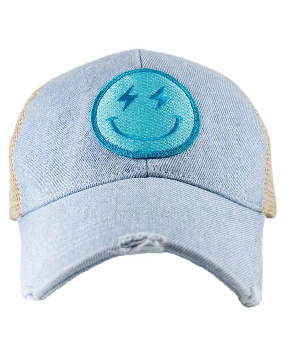 Turquoise Lightning Happy Face Denim Wholesale Trucker Hat