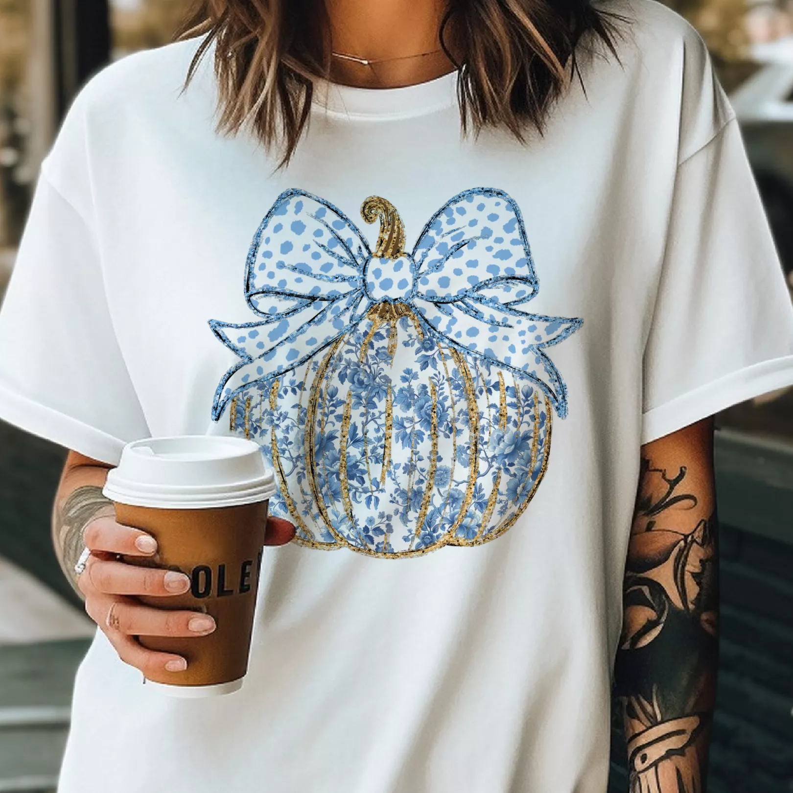 Blue Floral Fall Pumpkin Coquette Graphic Tee