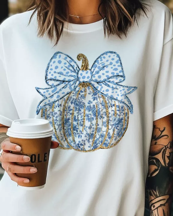 Blue Floral Fall Pumpkin Coquette Graphic Tee