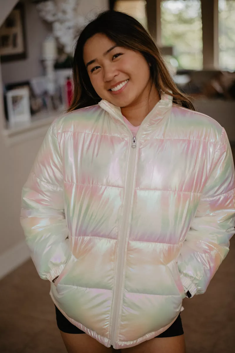 White Iridescent Wholesale Women's Puffer Jacket