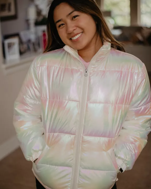 White Iridescent Wholesale Women's Puffer Jacket