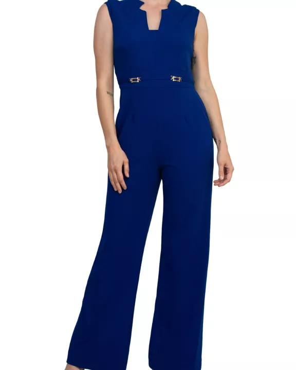 Tahari ASL Notch-Neck Sleeveless Crepe Flare Leg Back Zipper Jumpsuit