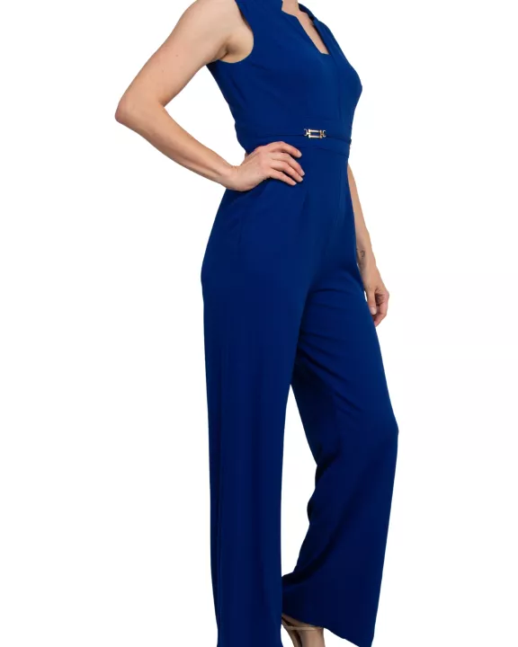 Tahari ASL Notch-Neck Sleeveless Crepe Flare Leg Back Zipper Jumpsuit