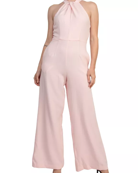 Julia Jordan Twist Halter Neck Cutaway Shoulders Pocketed Wide Leg Jumpsuit