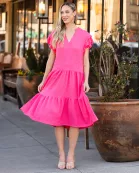 50020 - Solid Color Textured Dress with Ruffled Sleeves