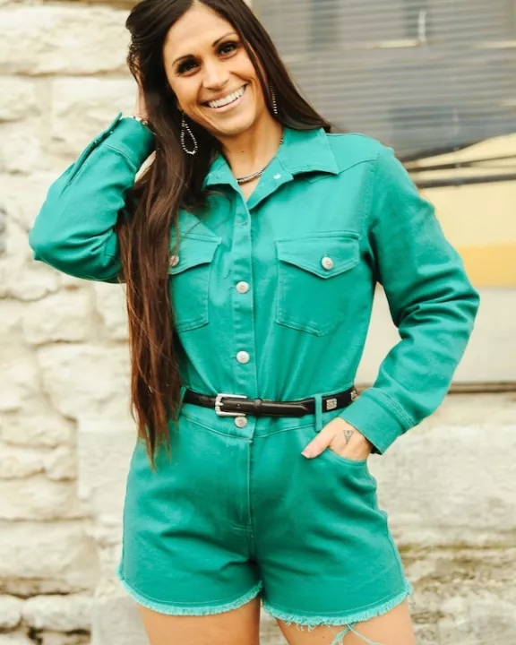 Plus Size Teal Denim Stretch Button Down Long Sleeve Romper