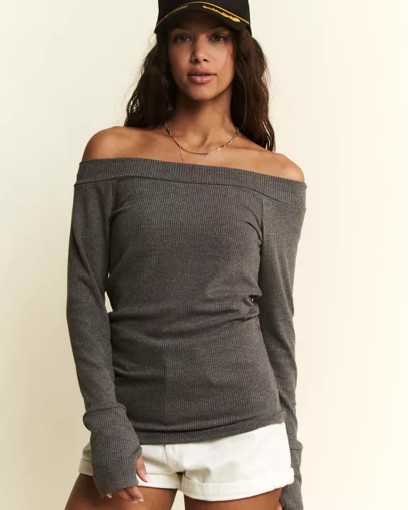 Solid Ribbed Off Shoulder Top