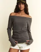 Solid Ribbed Off Shoulder Top