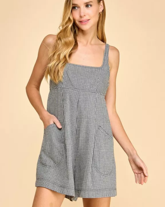CP10089-Checkered Square Neckline Loose Romper