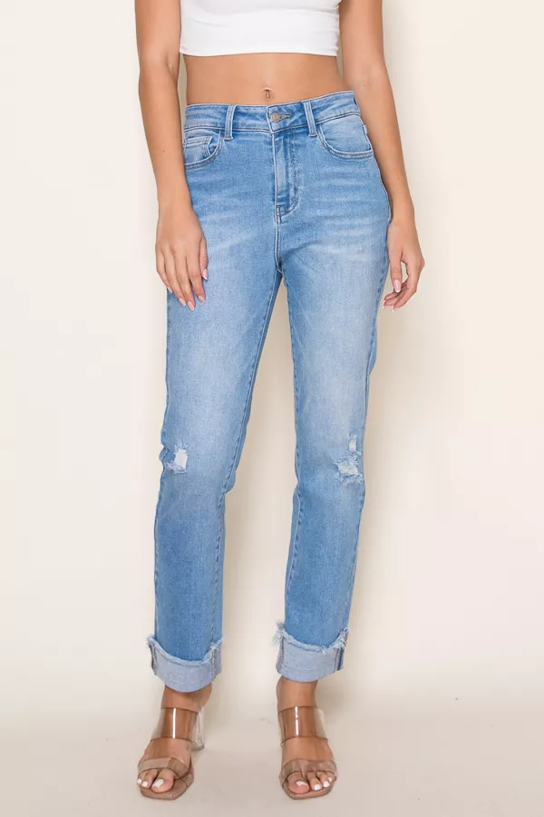 Straight Cuffed Stretch Jeans