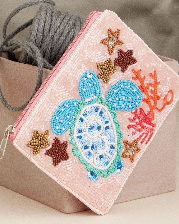 Beaded Sea Turtle Coin Purse – Ocean-Themed Zip Pouch with Coral & Starfish