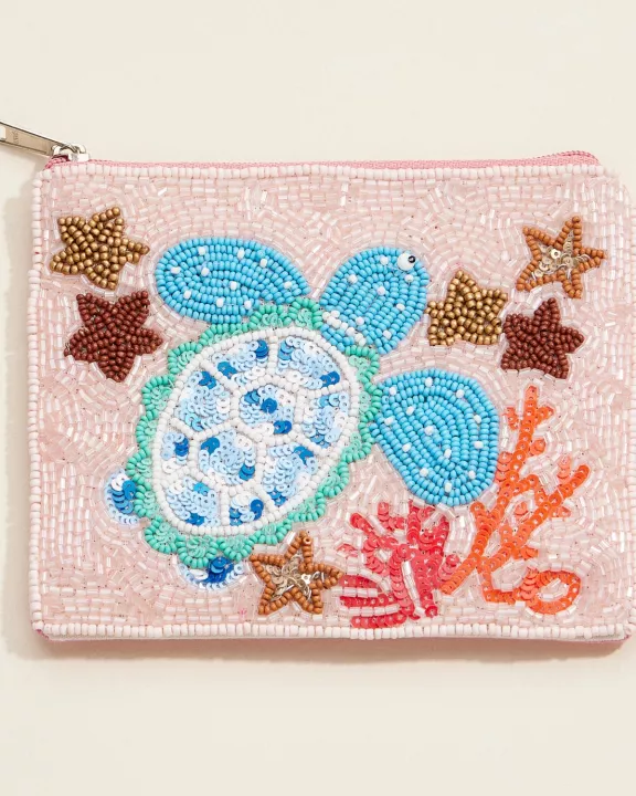 Beaded Sea Turtle Coin Purse – Ocean-Themed Zip Pouch with Coral & Starfish