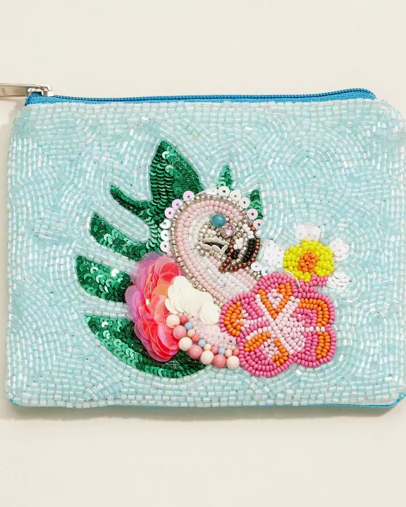 Beaded Flamingo Coin Purse – Tropical Sequin Zip Pouch with Floral & Palm Leaf Design for Travel & Everyday Use