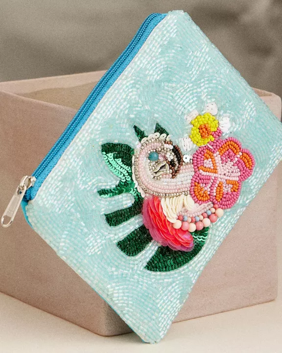Beaded Flamingo Coin Purse – Tropical Sequin Zip Pouch with Floral & Palm Leaf Design for Travel & Everyday Use