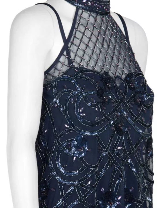 Aidan Mattox Halter Neck Illusion Embellished Popover Keyhole Back Mesh Stretch Crepe Jumpsuit