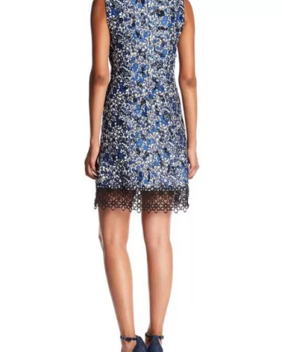 Elie Tahari V-Neck Sleeveless Zipper Back A-Line Floral Burnout Crochet Dress