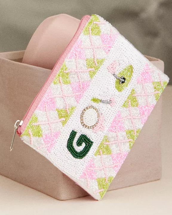 Beaded Golf Themed Zip Pouch – Argyle Pattern Clutch