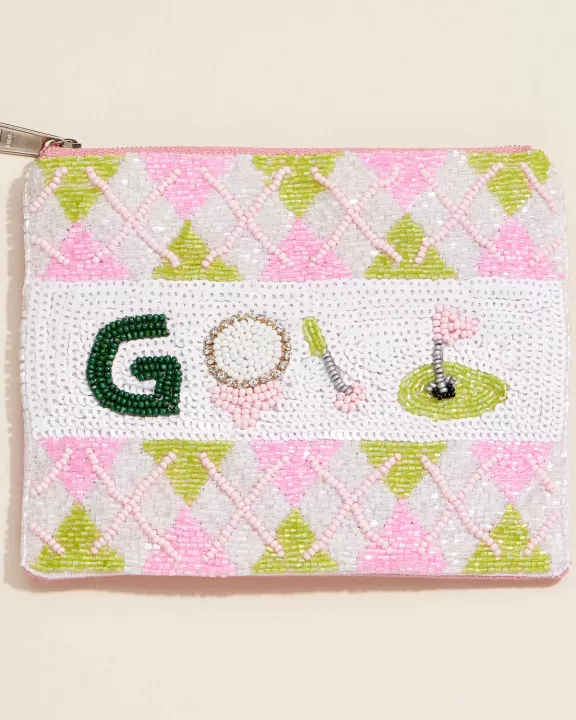 Beaded Golf Themed Zip Pouch – Argyle Pattern Clutch