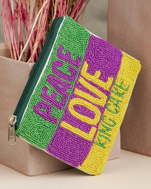Beaded "Peace, Love, King Cake" Zip Pouch – Festive Mardi Gras Clutch