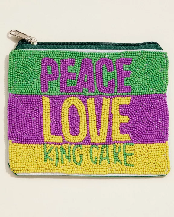 Beaded "Peace, Love, King Cake" Zip Pouch – Festive Mardi Gras Clutch