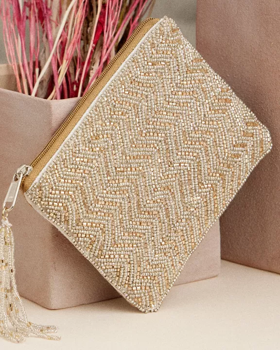 Gold Beaded Evening Coin Pouch – Elegant Chevron Tassel Zip Pouch