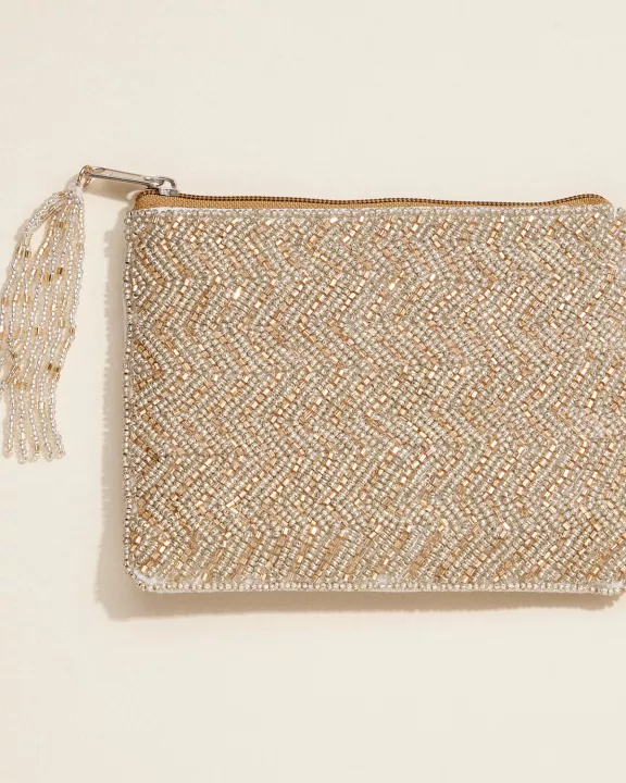 Gold Beaded Evening Coin Pouch – Elegant Chevron Tassel Zip Pouch