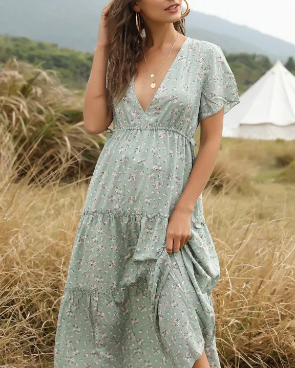 V neck floral tiered midi dress