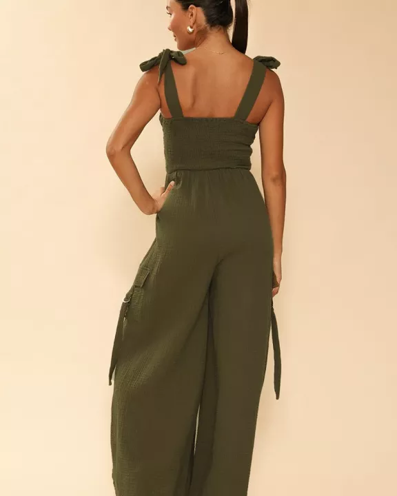 Smocked wide leg cargo jumpsuit