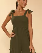 Smocked wide leg cargo jumpsuit