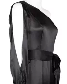 Aidan by Aidan Mattox Asymmetrical Shoulder Slit Long Sleeve Tie Side Functional Pocket Concealed Ziipper Side Satin Jumpsuit