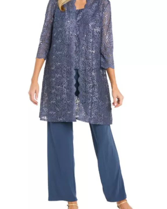 R&M Richards Metallic Lace Tank Top And Pant Set with Sheer Lace Jacket