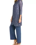 R&M Richards Metallic Lace Tank Top And Pant Set with Sheer Lace Jacket