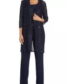 R&M Richards Metallic Lace Tank Top And Pant Set with Sheer Lace Jacket