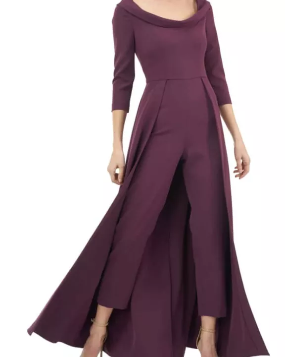 Kay Unger Scoop Neck 3/4 Sleeve Lapel Collar Solid Stretch Crepe Jumpsuit