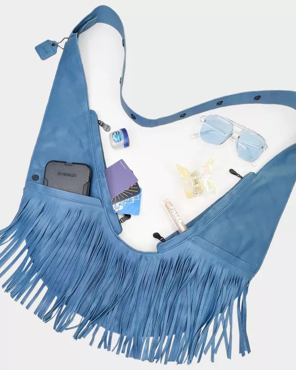 Ceramic Blue Fringe Leather Sash Bag