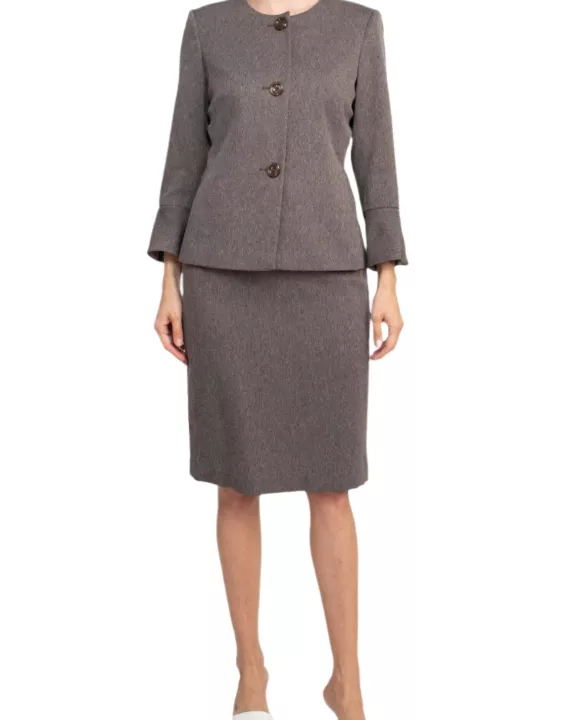 NYP Suits Crew Neck Long Sleeve 3 Button Pockets Zipper Back Slit Back Crepe Skirt Suit