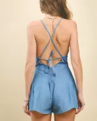 CP10170-Denim V Neck Halter Neckline X Tie Back Romper