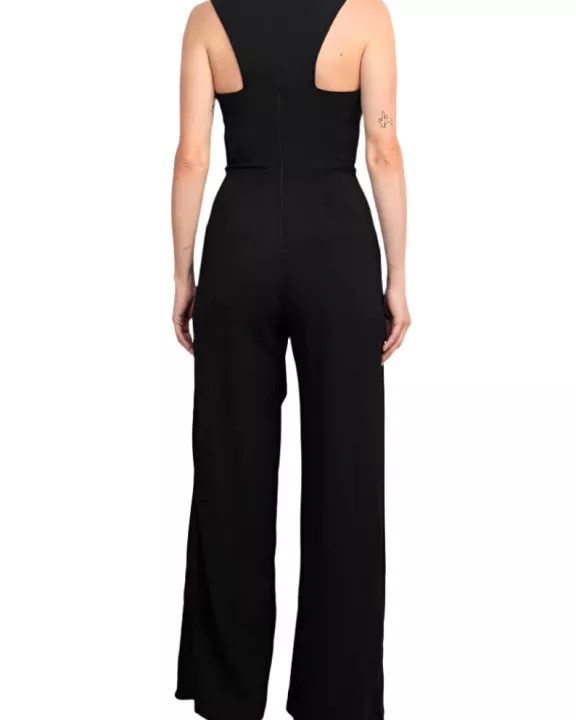 Marina V-Neck Sleeveless Zipper Back Racer Back Ruffled Hem Crepe Jumpsuit