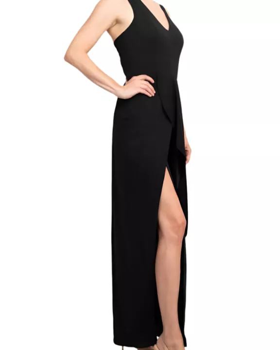 Marina V-Neck Sleeveless Zipper Back Racer Back Ruffled Hem Crepe Jumpsuit