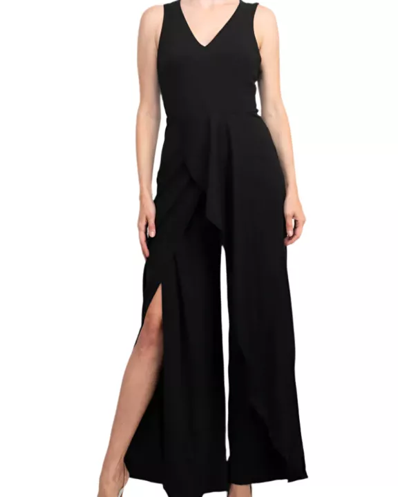 Marina V-Neck Sleeveless Zipper Back Racer Back Ruffled Hem Crepe Jumpsuit
