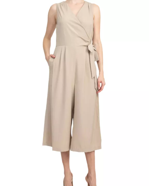 Emma & Michele V-Neck Sleeveless Tie Side Solid Pockets Crepe Jumpsuit